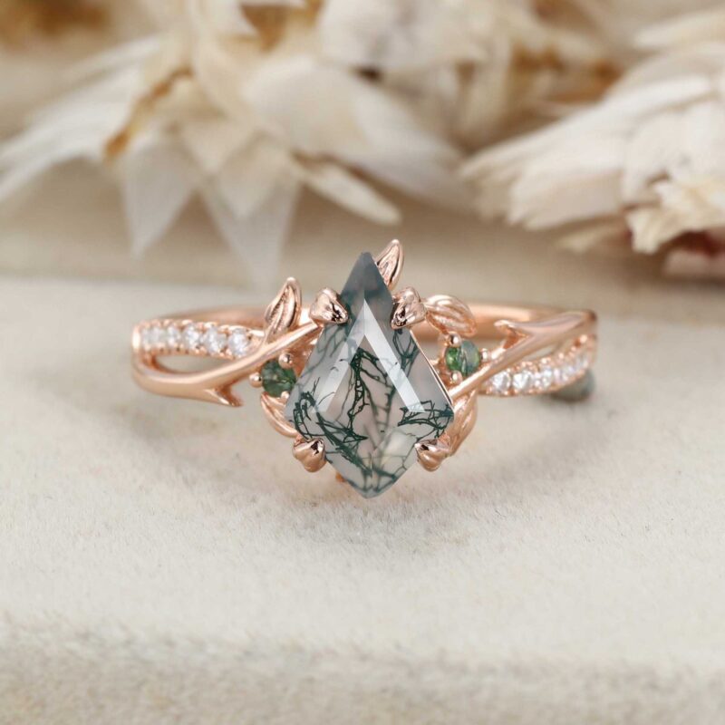 Unique Kite Cut Moss Agate Engagement Ring Twig Leaf Moissanite Ring Nature Inspired Rose Gold Cluster Ring Anniversary Gifts