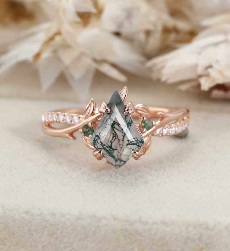 Unique Kite Cut Moss Agate Engagement Ring Twig Leaf Moissanite Ring Nature Inspired Rose Gold Cluster Ring Anniversary Gifts