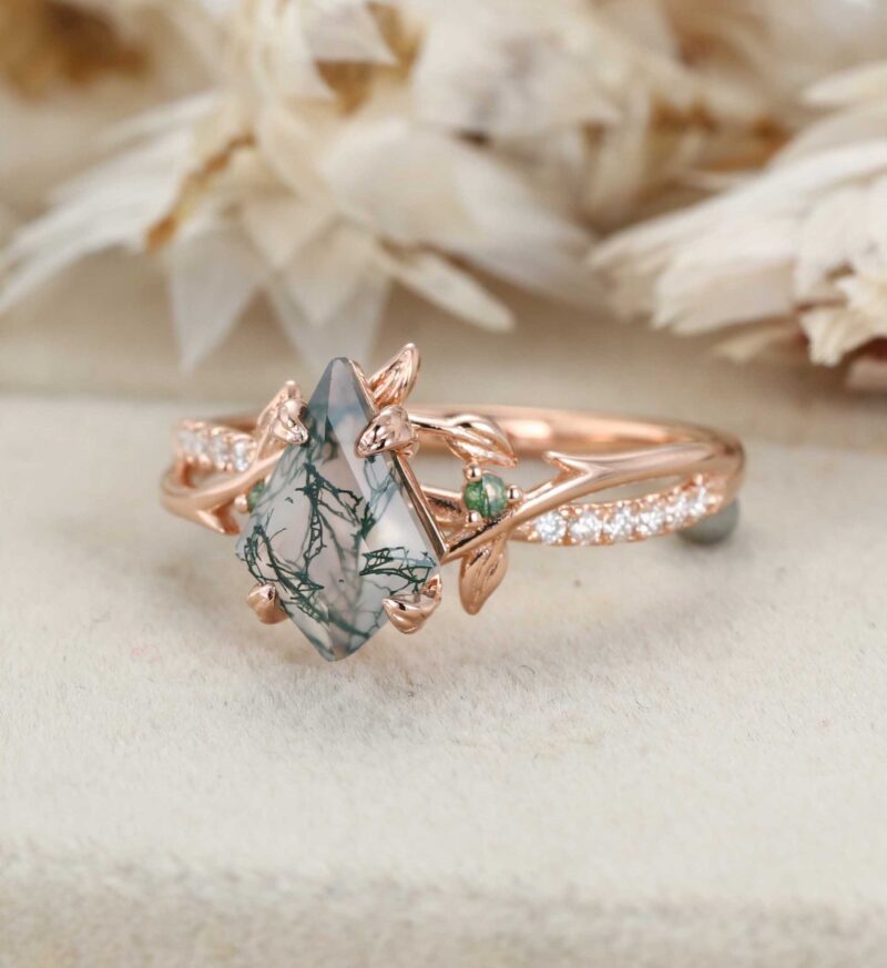 Unique Kite Cut Moss Agate Engagement Ring Twig Leaf Moissanite Ring Nature Inspired Rose Gold Cluster Ring Anniversary Gifts