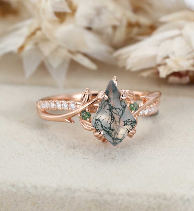 Unique Kite Cut Moss Agate Engagement Ring Twig Leaf Moissanite Ring Nature Inspired Rose Gold Cluster Ring Anniversary Gifts