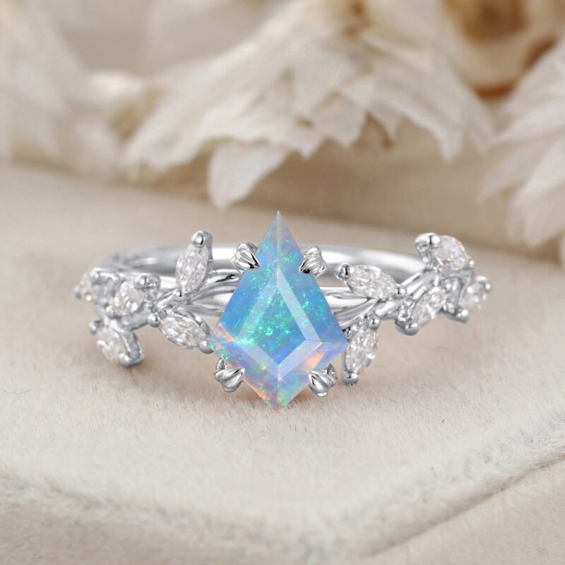 Unique Kite Cut Opal Engagement Ring 14K Solid Gold Ring Unique Branch Diamond Art Deco Wedding Ring