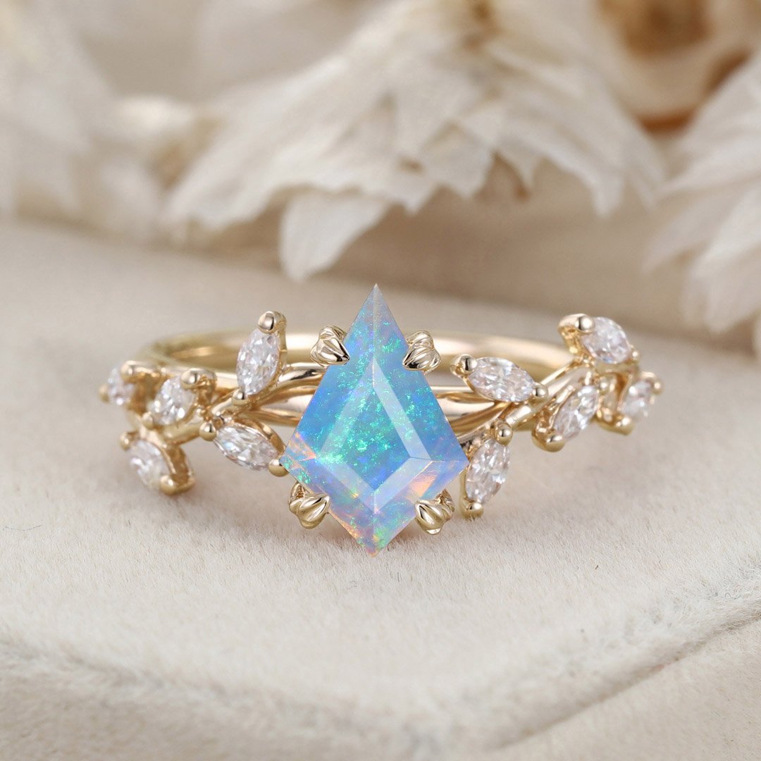 Unique Kite Cut Opal Engagement Ring 14K Solid Gold Ring Unique Branch Diamond Art Deco Wedding Ring 9