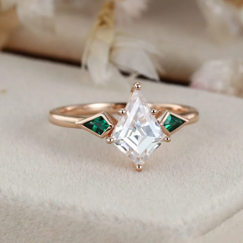 Unique Kite cut Moissanite Engagement ring Vintage 14K Rose gold Lab Emerald side stone ring Delicate Wedding ring Birthday Gift For her