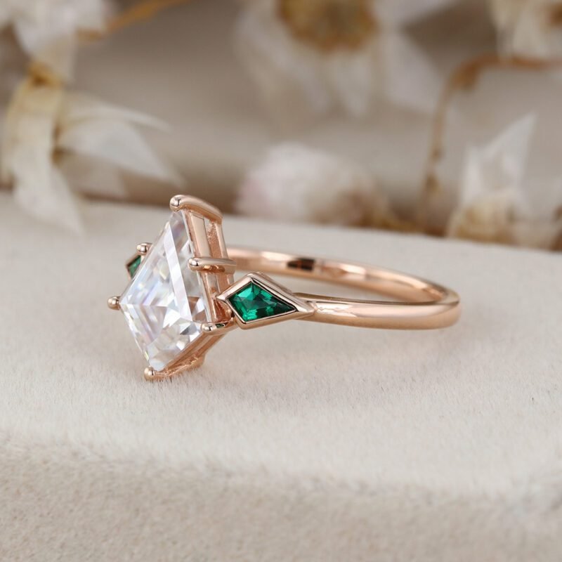 Unique Kite cut Moissanite Engagement ring Vintage 14K Rose gold Lab Emerald side stone ring Delicate Wedding ring Birthday Gift For her