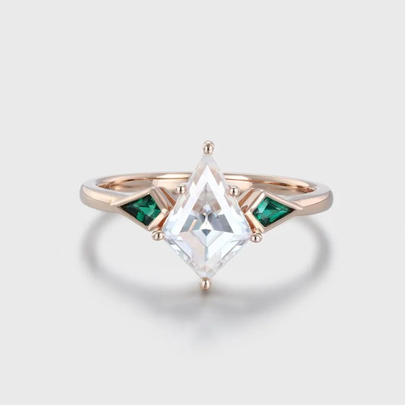 Kite Cut Moissanite And Emerald Engagement Ring Vintage 14k Rose Gold Side Stone Ring Delicate Birthday Gift For Her