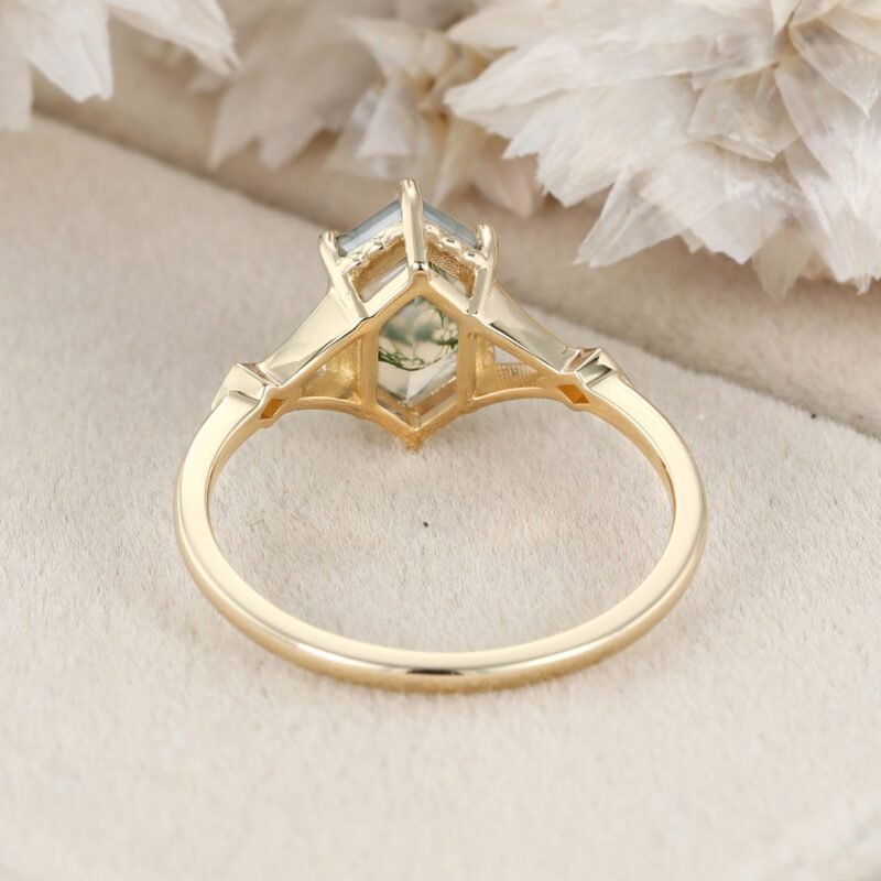 Unique Long hexagon Moss Agate engagement ring set 14K Yellow gold diamond wedding ring art deco bridal promise Anniversary gift