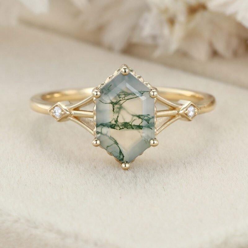 Unique Long hexagon Moss Agate engagement ring set 14K Yellow gold diamond wedding ring art deco bridal promise Anniversary gift