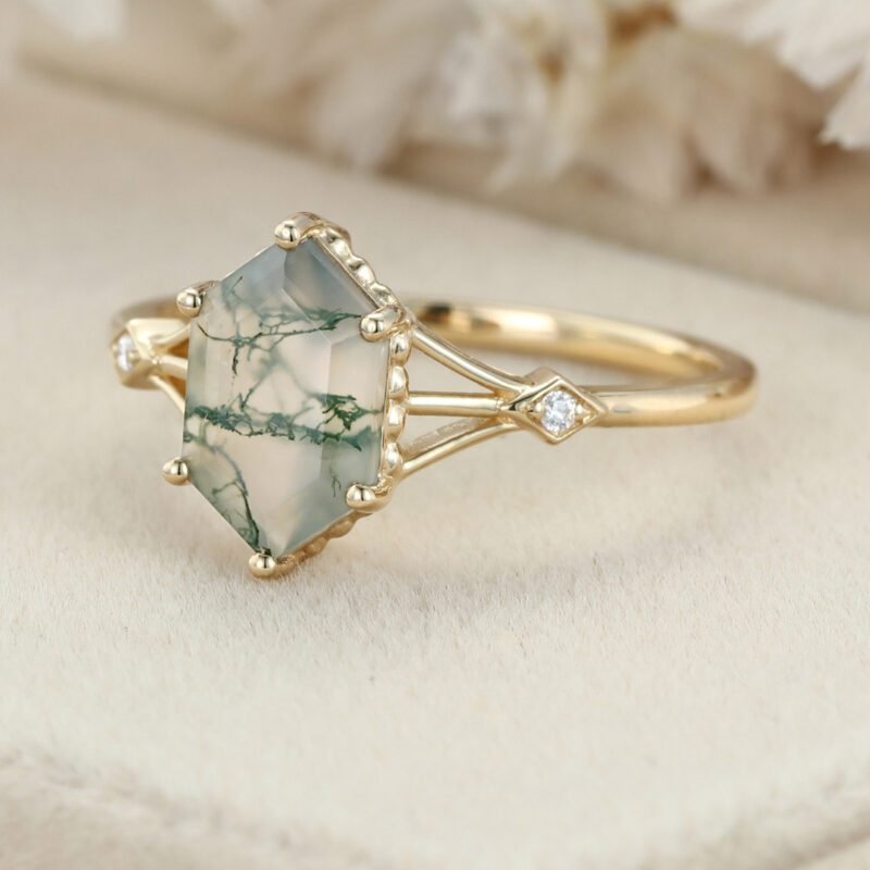 Unique Long hexagon Moss Agate engagement ring set 14K Yellow gold diamond wedding ring art deco bridal promise Anniversary gift