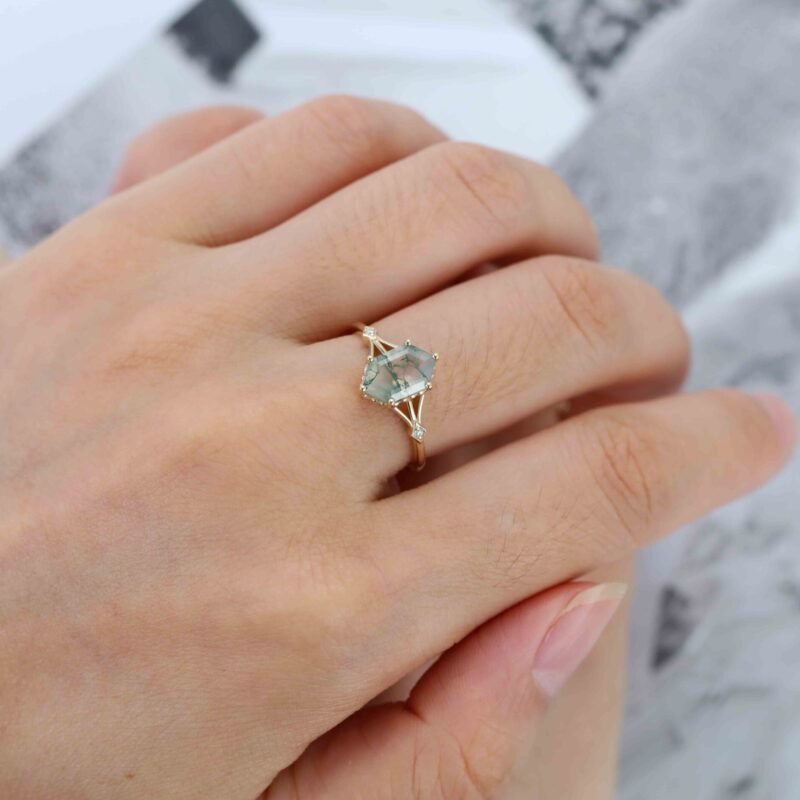 Unique Long hexagon Moss Agate engagement ring set 14K Yellow gold diamond wedding ring art deco bridal promise Anniversary gift