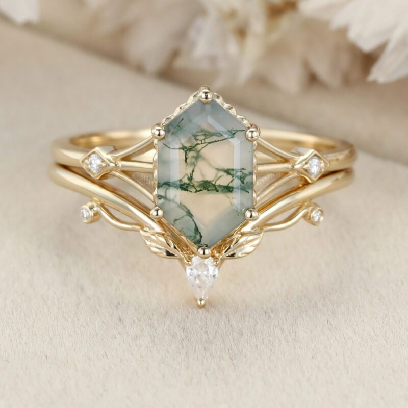 Unique Long hexagon Natural Moss Agate engagement ring set 14K Yellow gold diamond leaf wedding ring Bridal set promise Anniversary gift