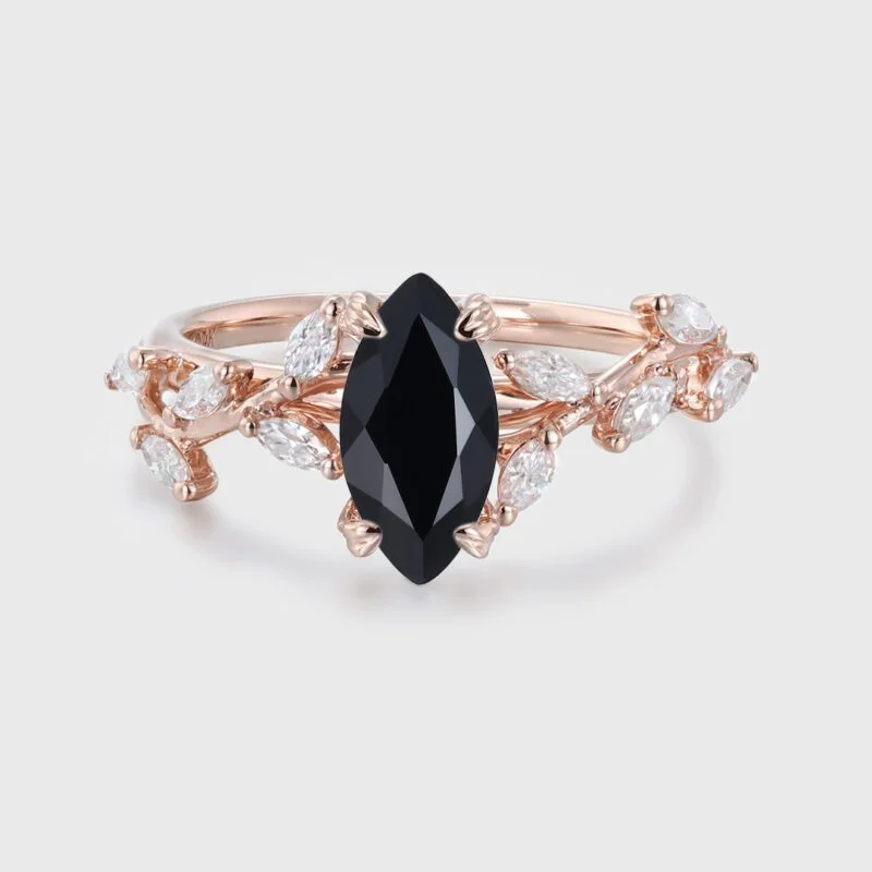 Unique Marquise Cut Black Onyx Engagement Ring 14K Solid Gold Ring Branch Marquise Diamond Cluster Ring