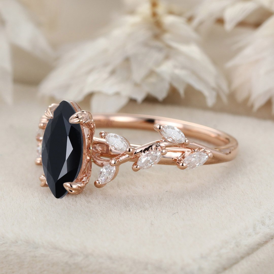 Coffin Cut Black Onyx Engagement Ring Set With Diamond Leaf Curve Band Rose Gold  Ring