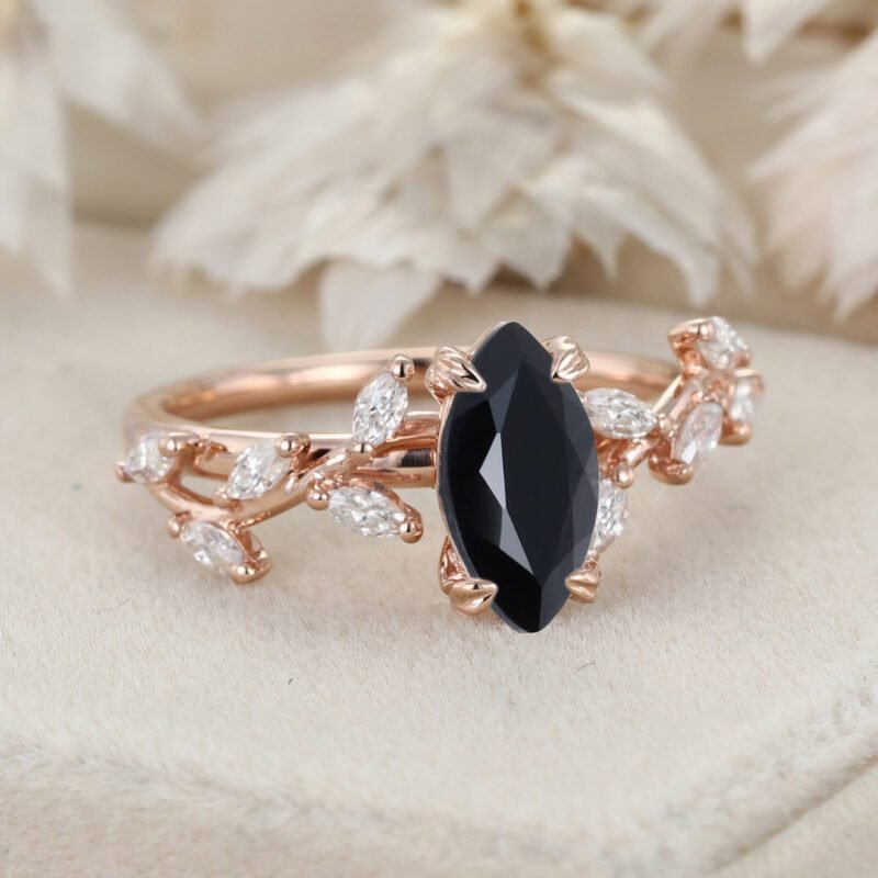 Unique Marquise Cut Black Onyx Engagement Ring 14K Solid Gold Ring Branch Marquise Diamond Cluster Ring