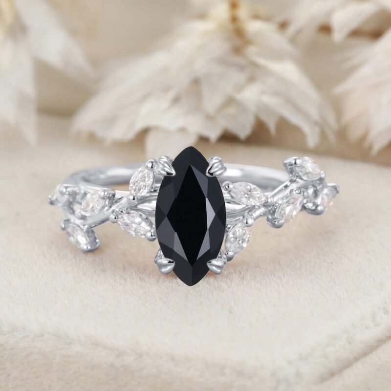 Unique Marquise Cut Black Onyx Engagement Ring 14K Solid Gold Ring Branch Marquise Diamond Cluster Ring