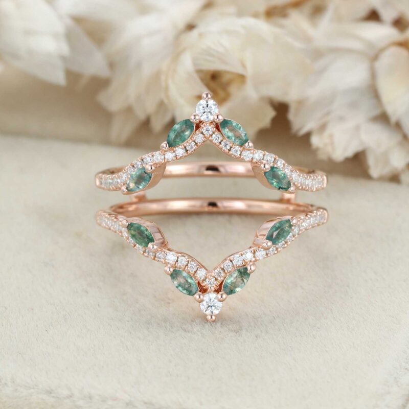 Unique Marquise Cut Moss Agate Double Curved Wedding Band Rose Gold Diamonds Enhancer Ring Custom Promise Ring Anniversary Rings For Women