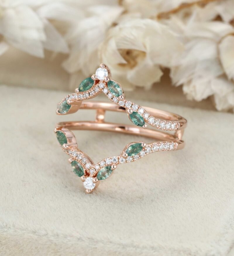 Unique Marquise Cut Moss Agate Double Curved Wedding Band Rose Gold Diamonds Enhancer Ring Custom Promise Ring Anniversary Rings For Women