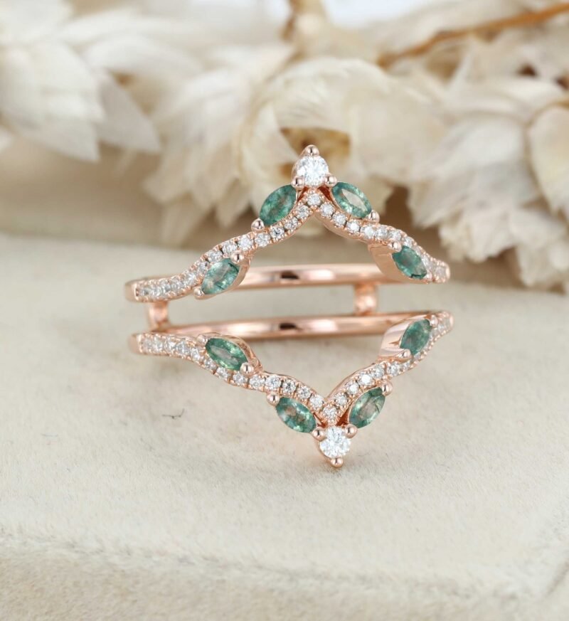 Unique Marquise Cut Moss Agate Double Curved Wedding Band Rose Gold Diamonds Enhancer Ring Custom Promise Ring Anniversary Rings For Women