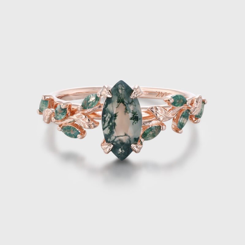 Unique Marquise Cut Moss Agate Engagement Ring with Art Deco Leaf Design in 14K Rose Gold, Vintage Cluster Ring for Anniversary Gifts