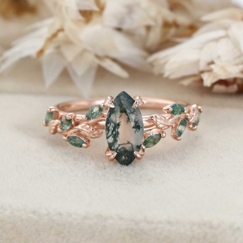 Unique Marquise Cut Moss Agate Engagement Ring Vintage Art Deco Leaf Promise Ring Nature Inspired Rose Gold Cluster Ring Anniversary Gifts