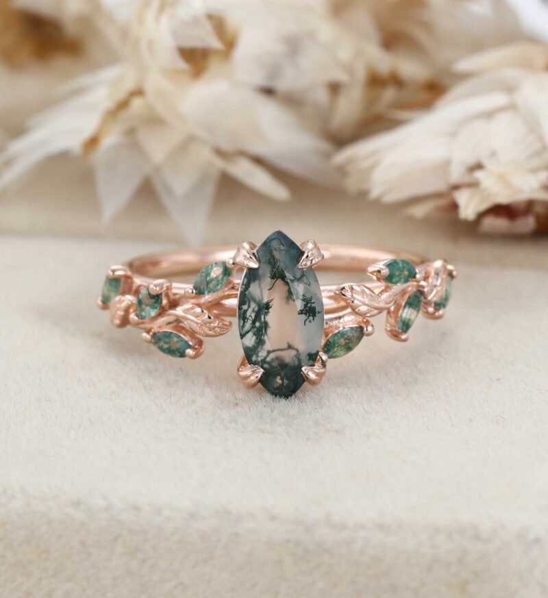 Unique Marquise Cut Moss Agate Engagement Ring Vintage Art Deco Leaf Promise Ring Nature Inspired Rose Gold Cluster Ring Anniversary Gifts