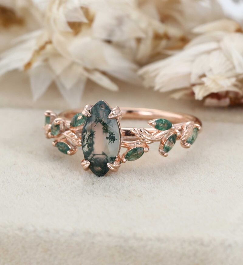 Unique Marquise Cut Moss Agate Engagement Ring Vintage Art Deco Leaf Promise Ring Nature Inspired Rose Gold Cluster Ring Anniversary Gifts