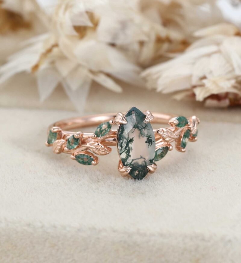 Unique Marquise Cut Moss Agate Engagement Ring Vintage Art Deco Leaf Promise Ring Nature Inspired Rose Gold Cluster Ring Anniversary Gifts