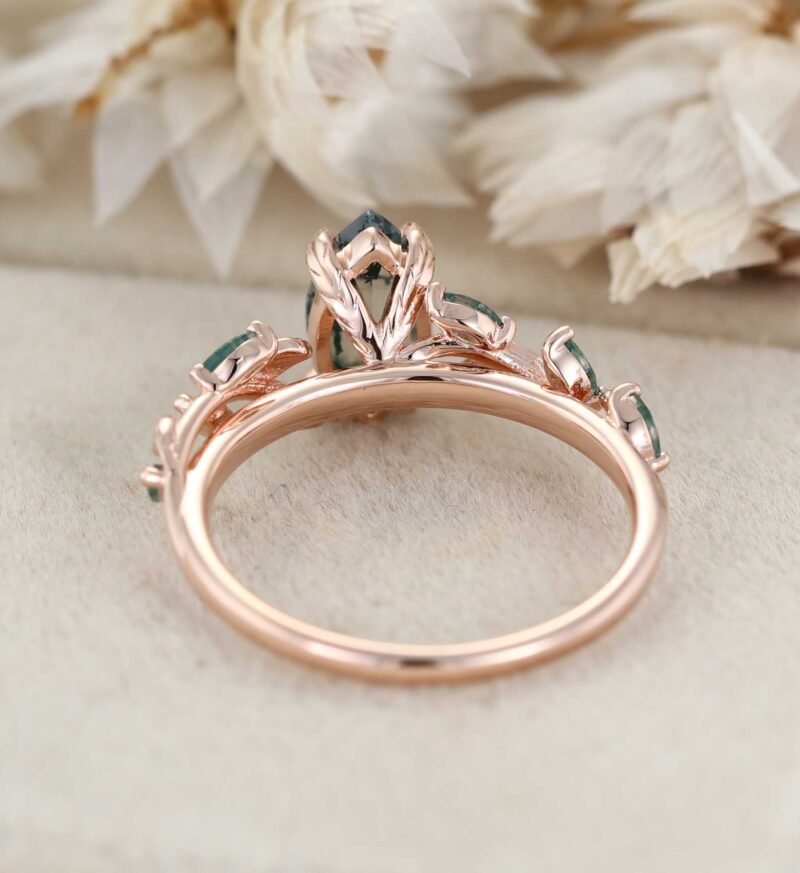 Unique Marquise Cut Moss Agate Engagement Ring Vintage Art Deco Leaf Promise Ring Nature Inspired Rose Gold Cluster Ring Anniversary Gifts