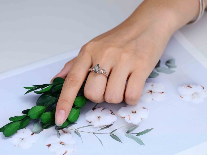 Unique Marquise Cut Moss Agate Engagement Ring Vintage Art Deco Leaf Promise Ring Nature Inspired Rose Gold Cluster Ring Anniversary Gifts