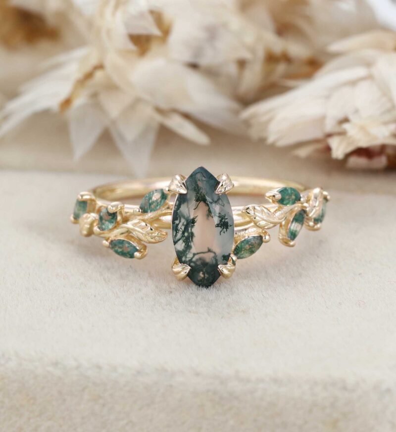 Unique Marquise Cut Moss Agate Engagement Ring Vintage Art Deco Leaf Promise Ring Nature Inspired Rose Gold Cluster Ring Anniversary Gifts