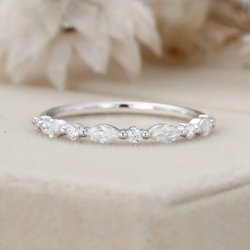 Unique Marquise Moissanite wedding band Vintage White gold wedding band half eternity wedding ring Bridal Stacking Matching ring promise