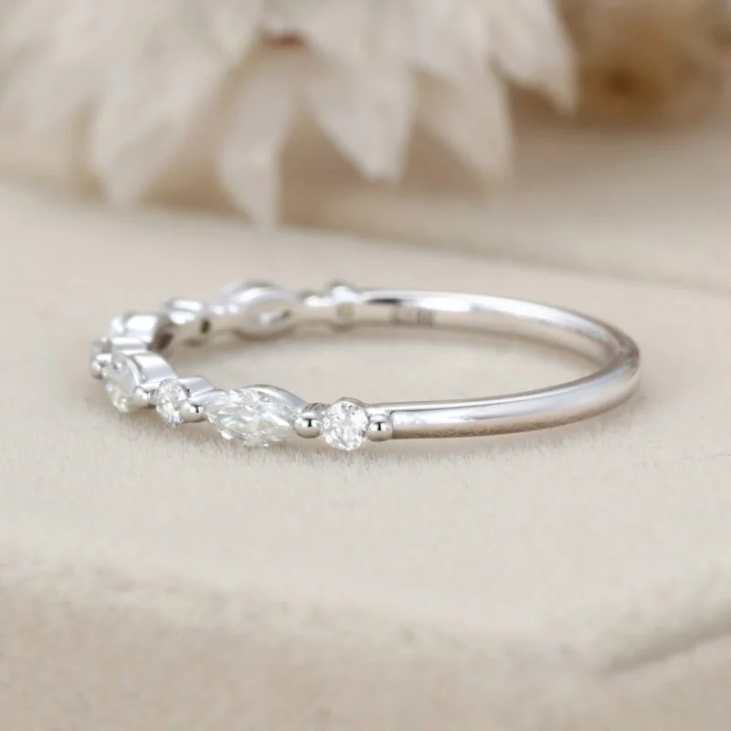 Unique Marquise Moissanite wedding band Vintage White gold wedding band half eternity wedding ring Bridal Stacking Matching ring promise