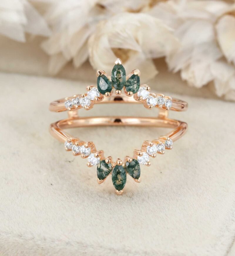 Unique Marquise Moss Agate Double Curved Wedding Band Yellow Gold Ring Enhancer Diamond Stacking Matching Promise Rings For Women