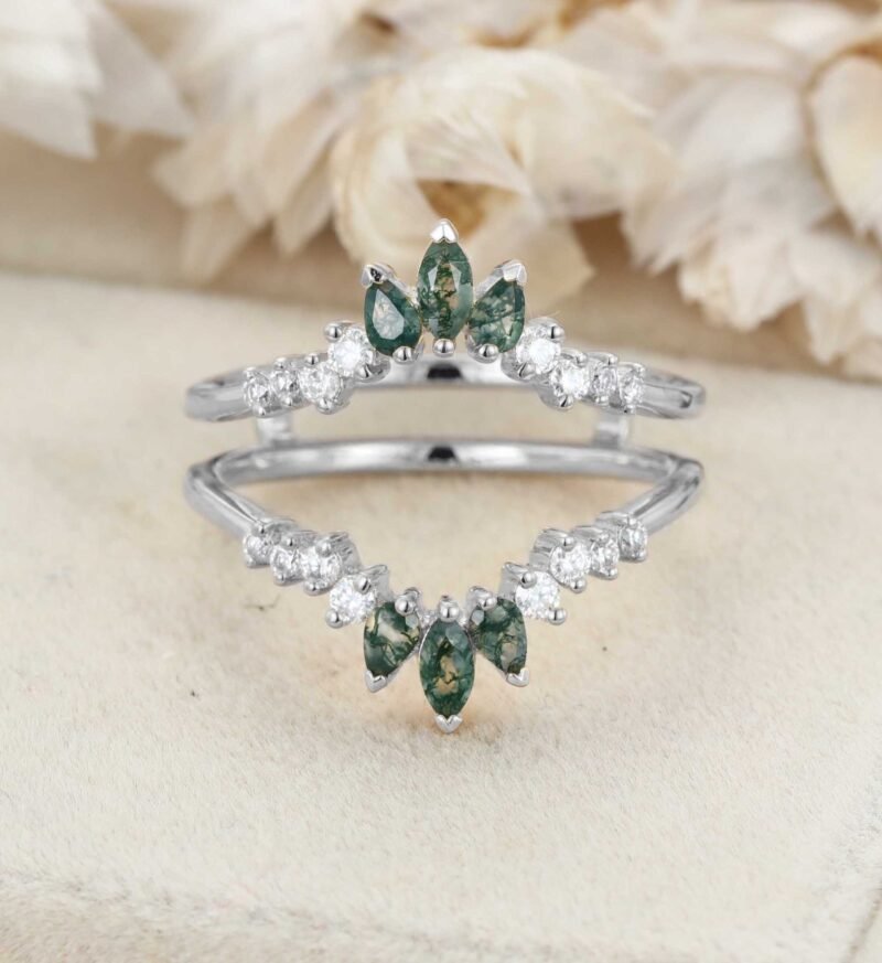 Unique Marquise Moss Agate Double Curved Wedding Band Yellow Gold Ring Enhancer Diamond Stacking Matching Promise Rings For Women