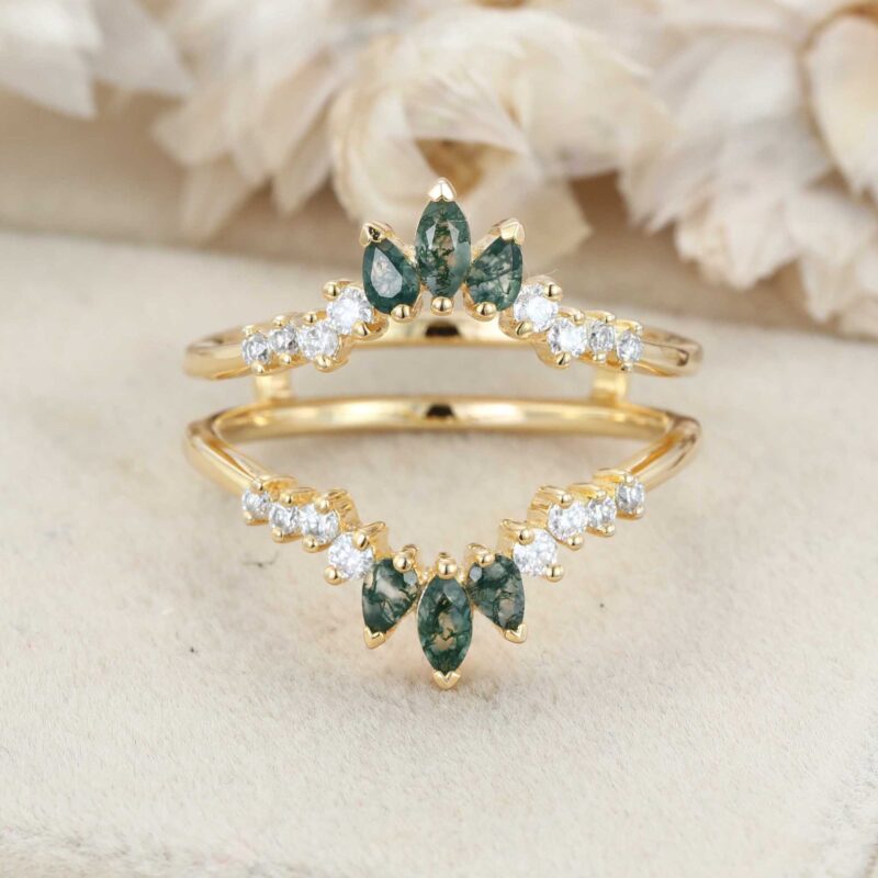 Unique Marquise Moss Agate Double Curved Wedding Band Yellow Gold Ring Enhancer Diamond Stacking Matching Promise Rings For Women