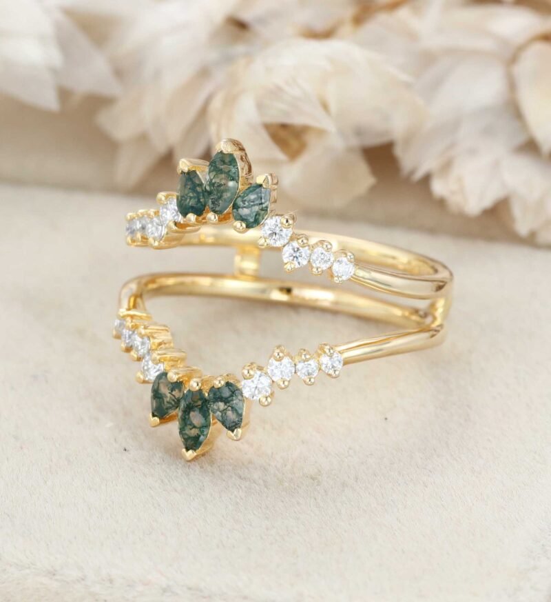 Unique Marquise Moss Agate Double Curved Wedding Band Yellow Gold Ring Enhancer Diamond Stacking Matching Promise Rings For Women