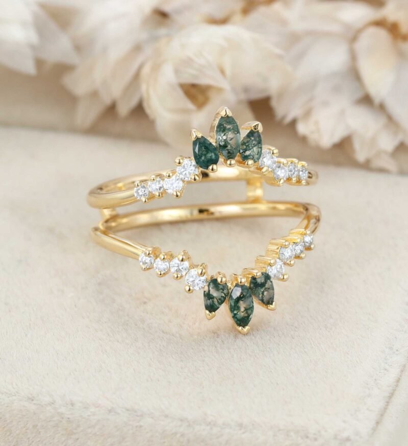 Unique Marquise Moss Agate Double Curved Wedding Band Yellow Gold Ring Enhancer Diamond Stacking Matching Promise Rings For Women