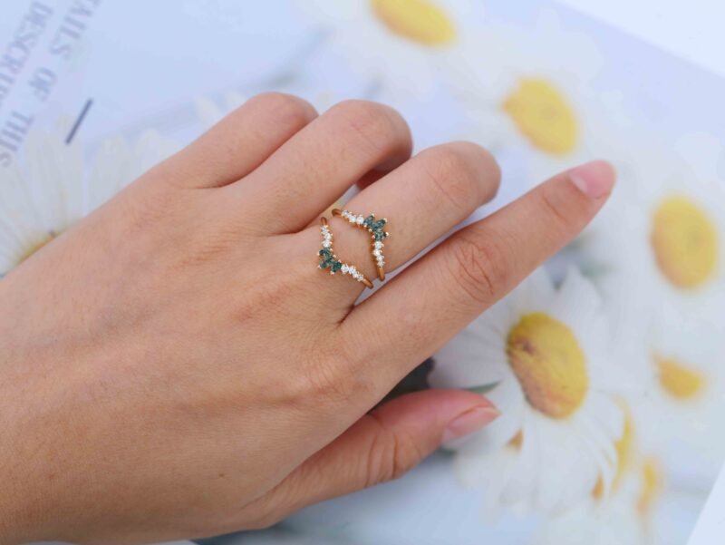 Unique Marquise Moss Agate Double Curved Wedding Band Yellow Gold Ring Enhancer Diamond Stacking Matching Promise Rings For Women