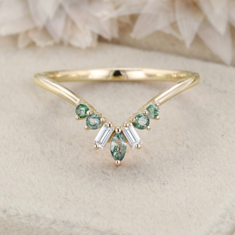 Unique Marquise Nature Moss agate Wedding Band 14K Solid Gold Curved Moissanite Wedding Band Women Stacking Matching Ring Bridal Anniversary