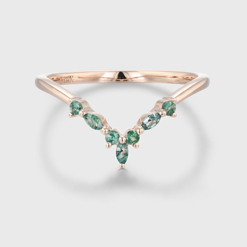 Unique Marquise Nature Moss agate Wedding Band 14k Rose gold Curved Moissanite Wedding Band Women Stacking Matching Ring Bridal Anniversary