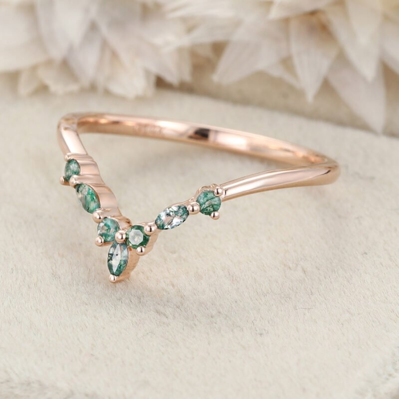 Unique Marquise Nature Moss agate Wedding Band 14k Rose gold Curved Moissanite Wedding Band Women Stacking Matching Ring Bridal Anniversary