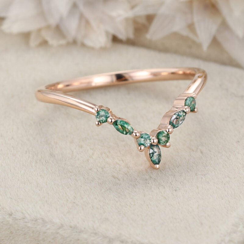 Unique Marquise Nature Moss agate Wedding Band 14k Rose gold Curved Moissanite Wedding Band Women Stacking Matching Ring Bridal Anniversary