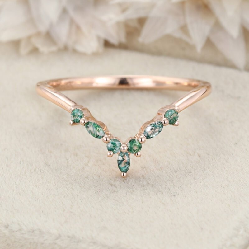 Unique Marquise Nature Moss agate Wedding Band 14k Rose gold Curved Moissanite Wedding Band Women Stacking Matching Ring Bridal Anniversary