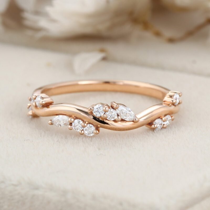 Unique Marquise Round Moissanite wedding band Vintage rose gold wedding band diamond ring stacking matching promise ring Anniversary gift