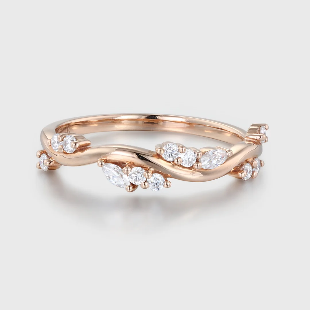 14K Rose Gold Round Cut Moissanite Ring, Art Deco Round Marquise Shape, Half Eternity 2024 Band, Delicate Stacking Ring, Anniversary Ring