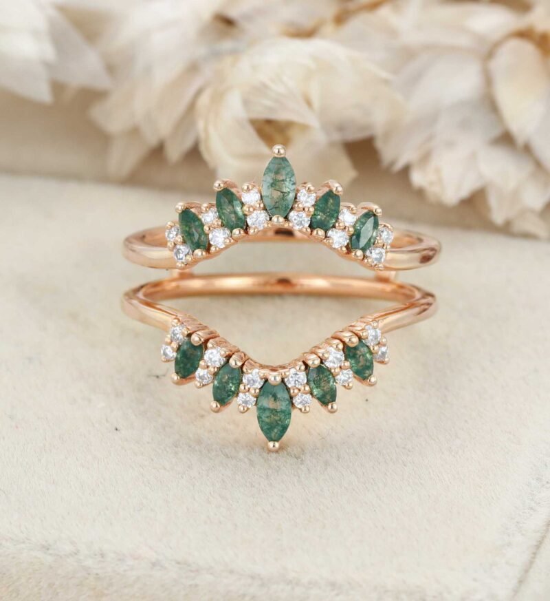 Unique Marquise Shape Moss Agate Curved Wedding Band Yellow Gold Moissanite Ring Enhancer Promise Custom Rings For Women