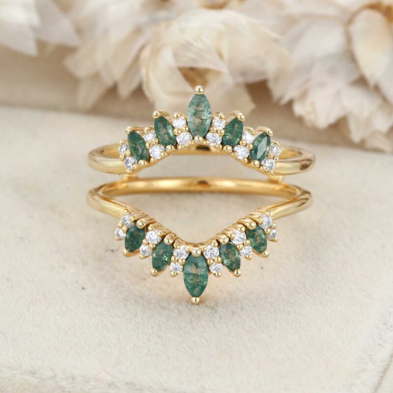 Unique Marquise Shape Moss Agate Curved Wedding Band Yellow Gold Moissanite Ring Enhancer Promise Custom Rings For Women