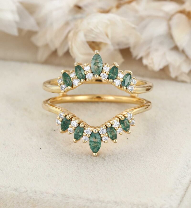 Unique Marquise Shape Moss Agate Curved Wedding Band Yellow Gold Moissanite Ring Enhancer Promise Custom Rings For Women