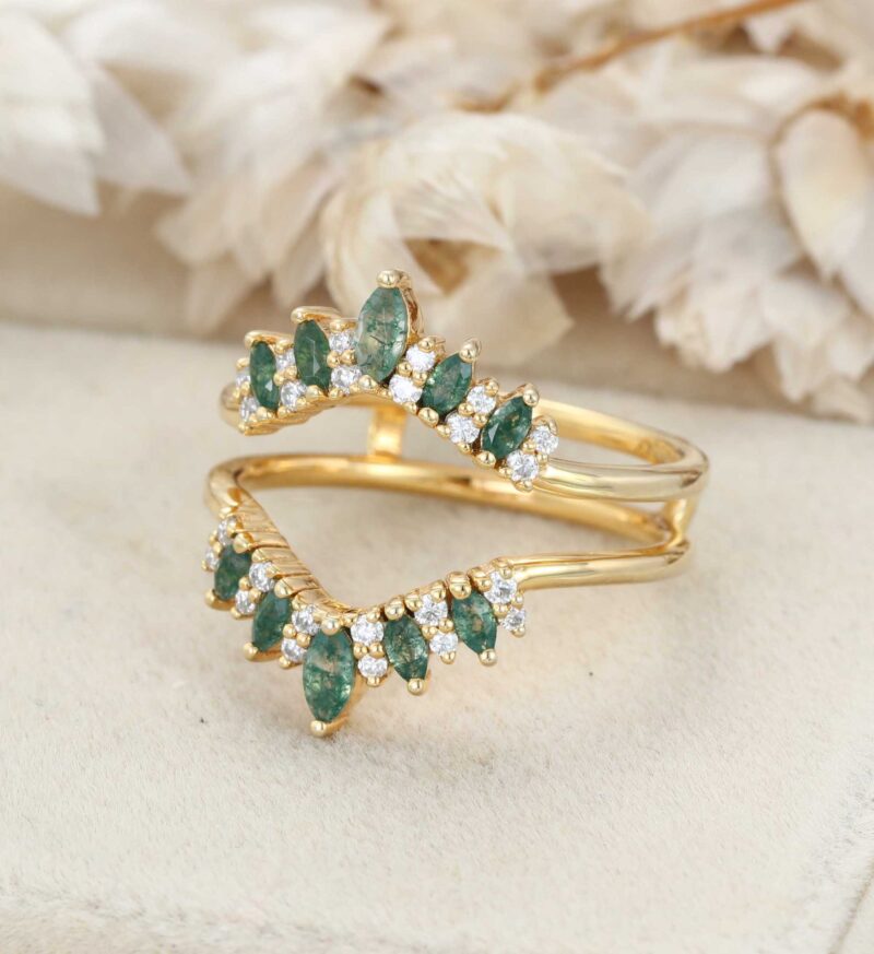 Unique Marquise Shape Moss Agate Curved Wedding Band Yellow Gold Moissanite Ring Enhancer Promise Custom Rings For Women