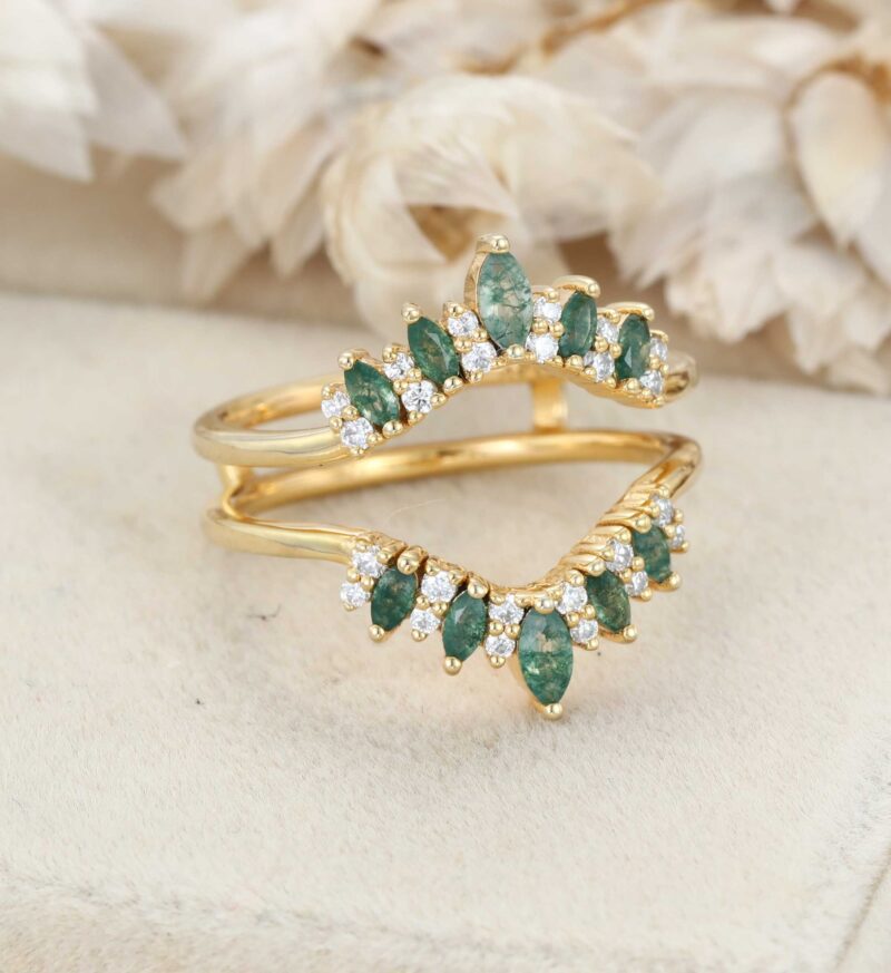 Unique Marquise Shape Moss Agate Curved Wedding Band Yellow Gold Moissanite Ring Enhancer Promise Custom Rings For Women