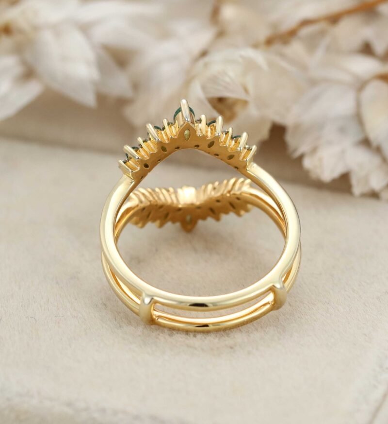 Unique Marquise Shape Moss Agate Curved Wedding Band Yellow Gold Moissanite Ring Enhancer Promise Custom Rings For Women